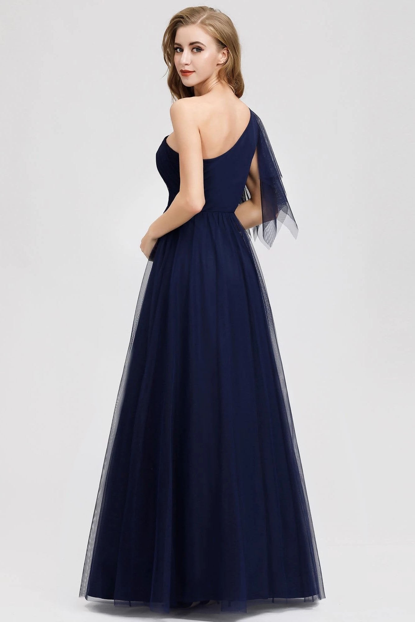 Simple A Line One Shoulder Navy Blue Tulle Prom Dresses Cheap Formal Dresses STC15382