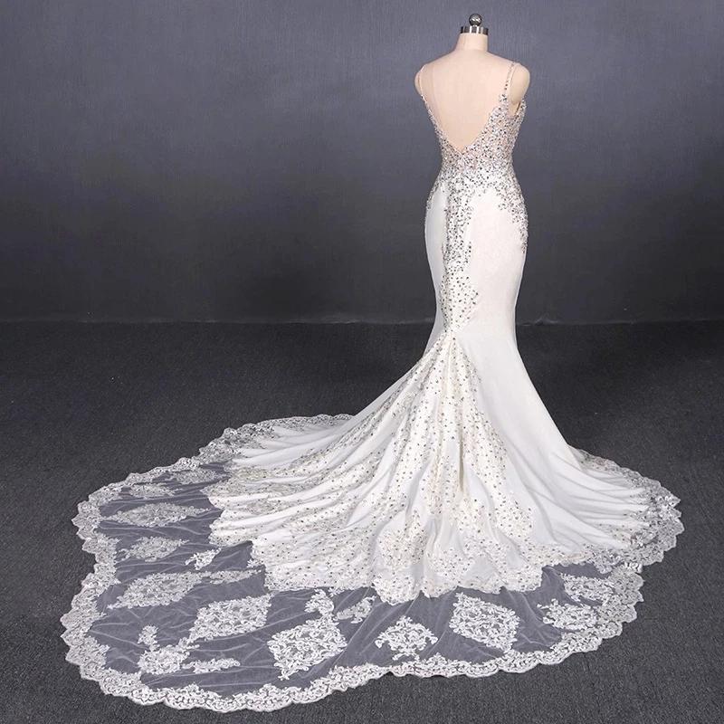 Spaghetti Straps Mermaid Wedding Dress with Lace, V-neck Wedding Dresses STC15418