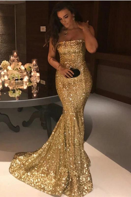 Sexy Mermaid Sequins Strapless Long Evening Dresses, Simple Prom STC15665