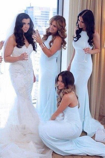 Charming Light Blue Mermaid High Neck Bridesmaid Dresses, Long Wedding Party Dress STC15101