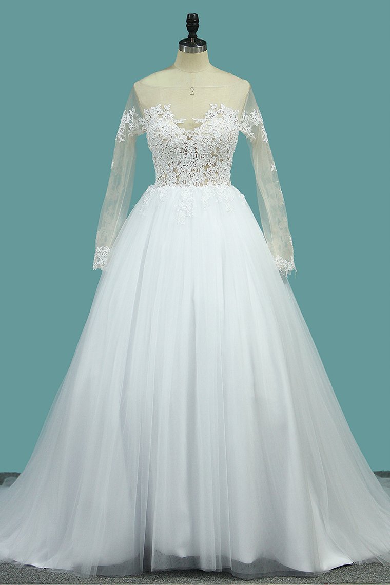 2024 Wedding Dresses Bateau Long Sleeves A Line With Applique Tulle Open