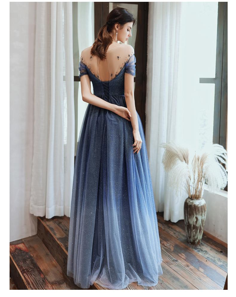 Charming A Line Blue Ombre Tulle Prom Dresses with Open Back Evening STC15622