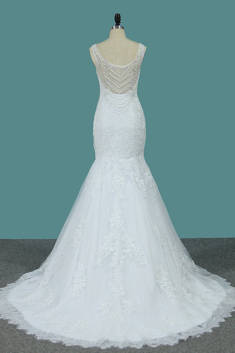 2024 New Arrival Wedding Dresses Scoop Mermaid Tulle With Applique And