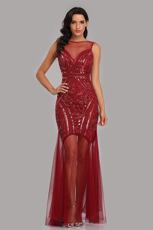 See Through Burgundy Mermaid Bateau Prom Dresses with Beading Tulle Party Dresses STC15324