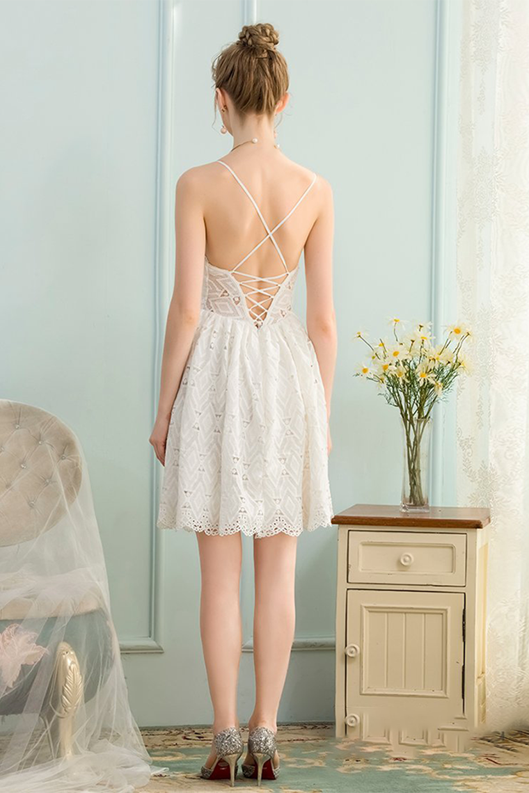 A-Line V-Neck Sleeveless Short White Lace Homecoming Dress