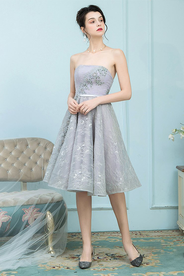 A-Line Strapless Grey Lace Homecoming Dress Ball Gown with Rhinestones