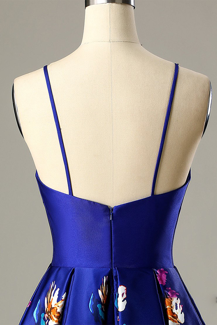 A-Line V-neck Spaghetti Straps Royal Blue Homecoming Dress