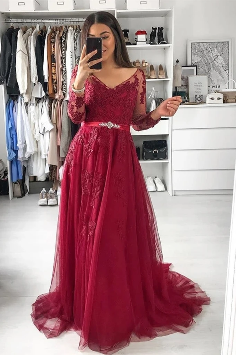 V Neck Long Sleeves A Line Appliqued Tulle Prom Dress With Beading STCPG4JK1K3