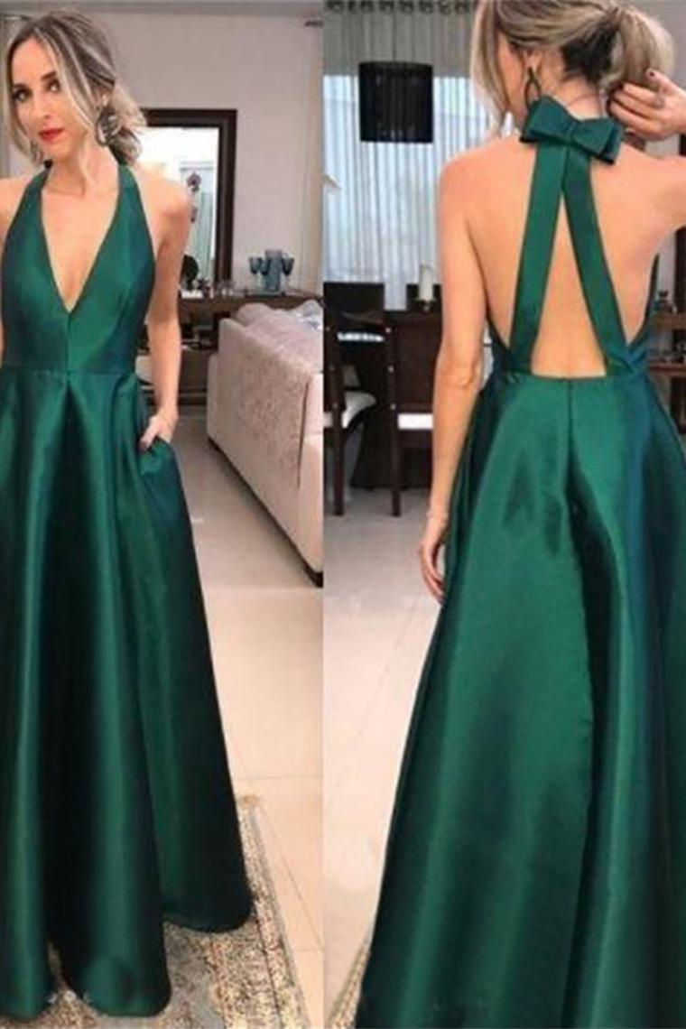 Deep V-Neck Simple Cheap Green Long Open Back Prom