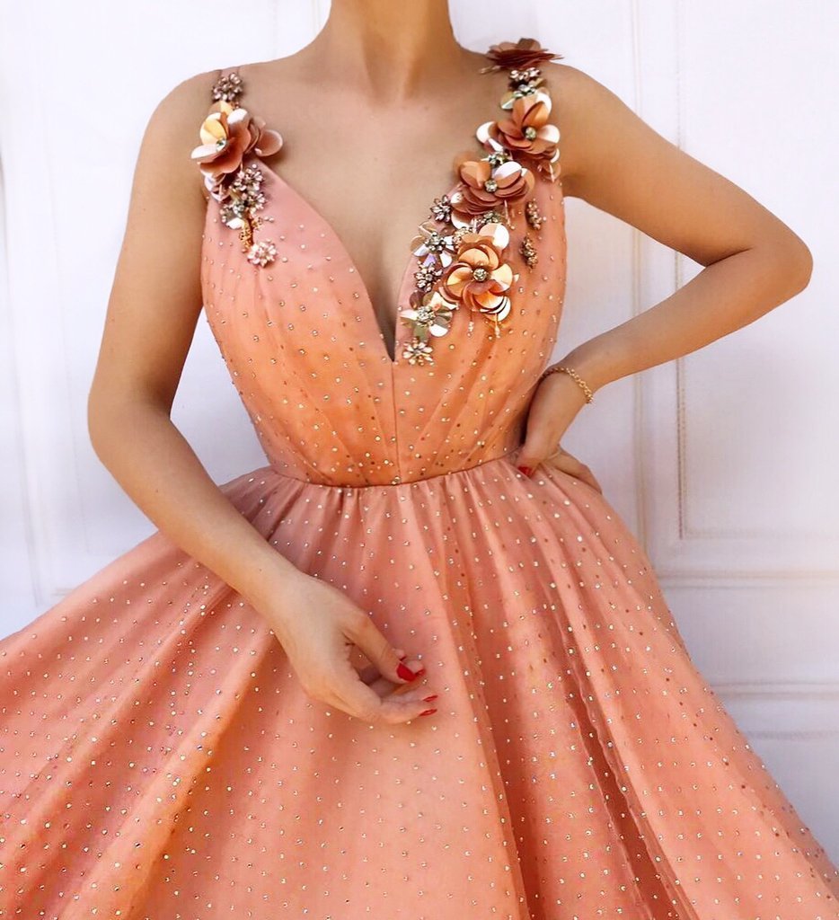 Charming Orange 3D Flowers Long Prom Dresses V-neck Tulle Cheap Evening Dresses STC15120