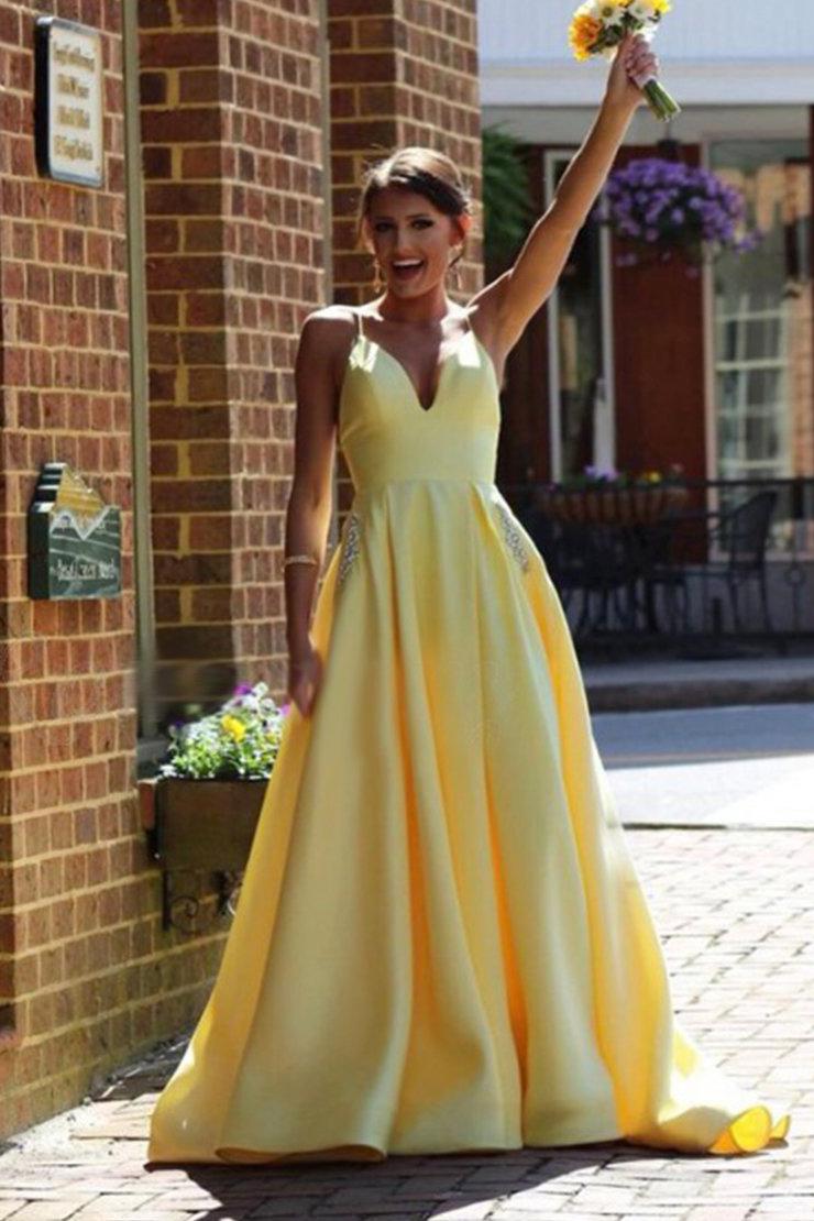 A Line Satin Spaghetti Straps Prom Dresses with Beading Pockets