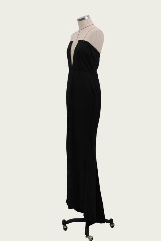 Sexy Black Mermaid V Neck Strapless Prom Dresses with Slit Evening STC15663