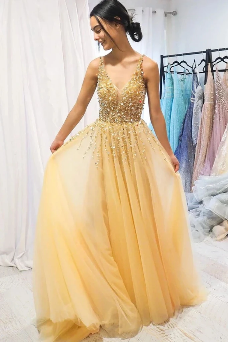 A Line Floor Length Tulle Prom Dress With Sequins Cheap V Neck Long Formal STCP1NJG7JC