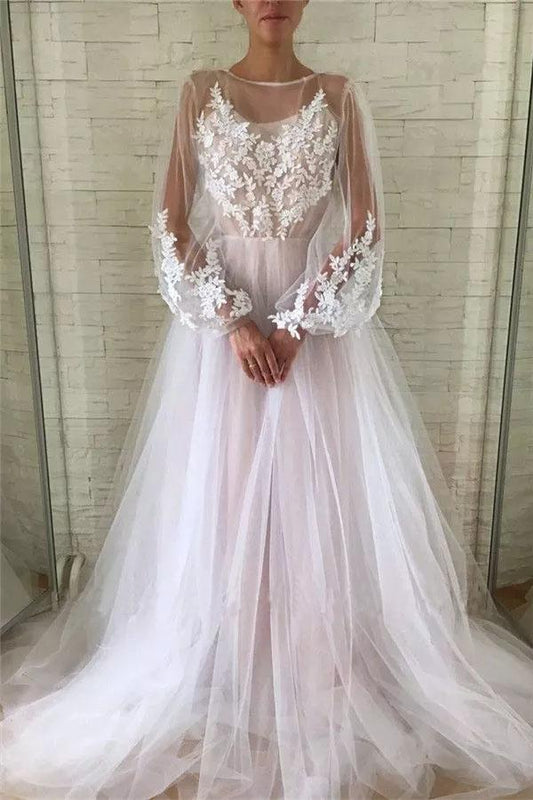 Jewel See Through Long Sleeve Ivory Lace Appliques Prom Dresses, Wedding Dresses STC15520