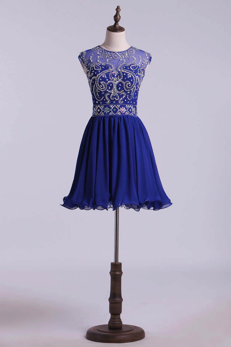 Scoop A Line Dark Royal Blue Homecoming Dresses Beaded Bodice Tulle&Chiffon