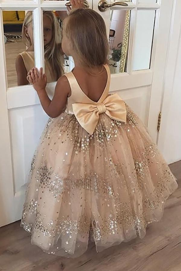 Princess Ball Gown Champagne Sequins Bowknot V Back Flower Girl Dresses STC15291