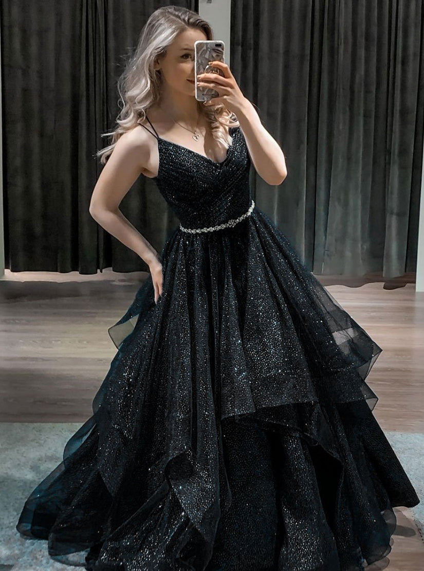 Dark Blue Sleeveless A Line Sequin Long Prom Dresses
