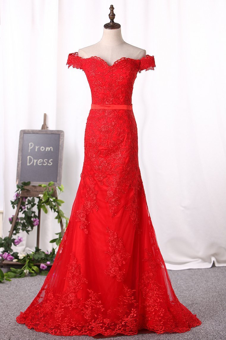 Red Mermaid Prom Dresses Off The Shoulder Tulle With Applique
