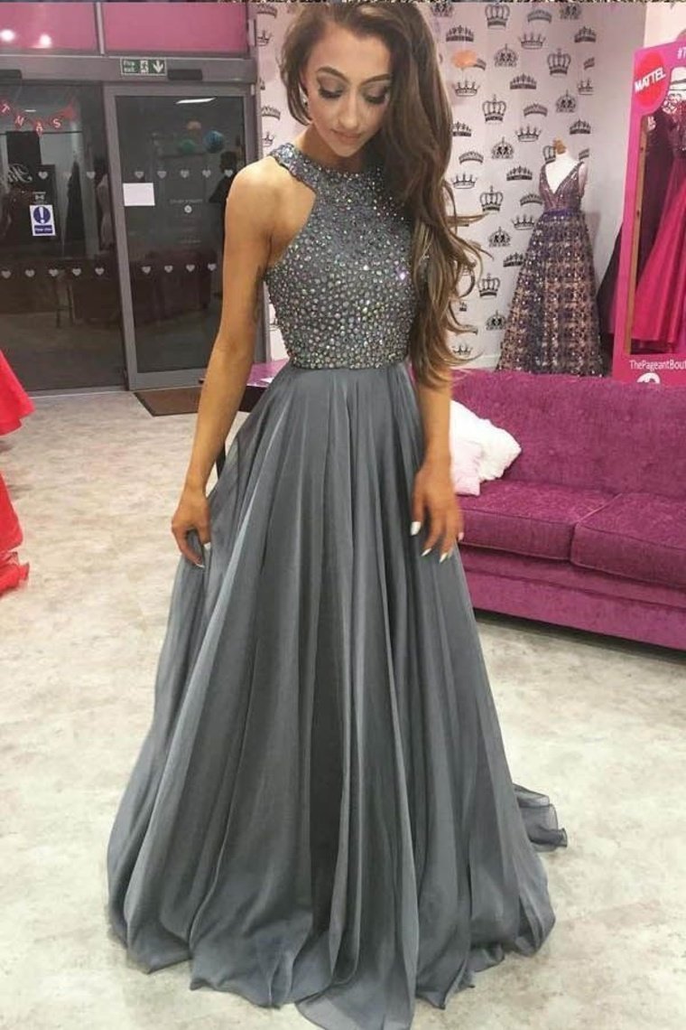 Beautiful Long Beading Open Back A-Line Gray Prom Dresses Party