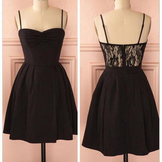 Spaghetti strap black simple lace cheap sexy homecoming prom dress