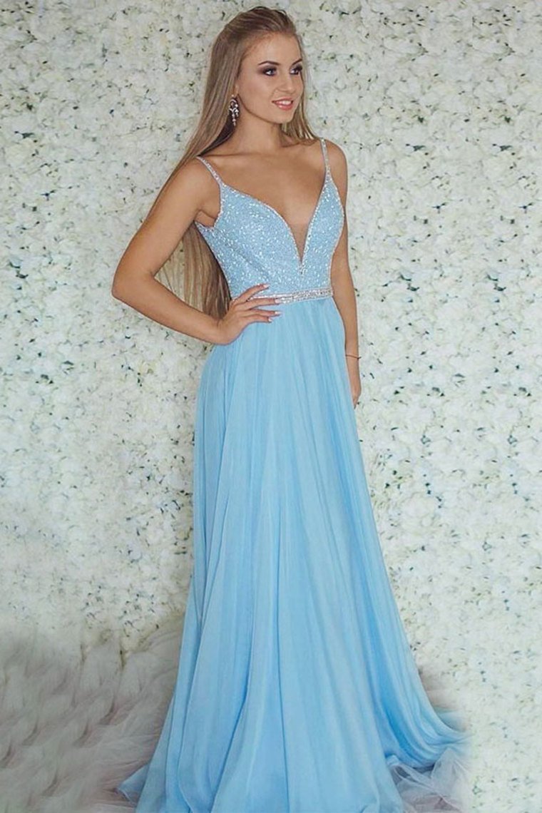 Spaghetti Straps Light Blue V-Neck Beading Long A-Line Prom Dresses Prom