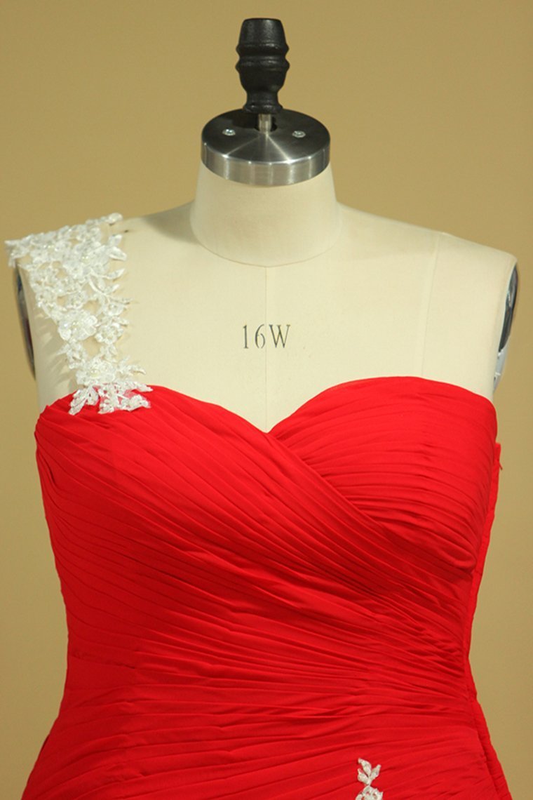 Red One Shoulder Pleated Bodice Sheath Evening Dress Chiffon With