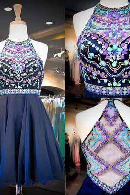 Navy Chiffon Halter Neck Beaded Sequins Crystals Cheap Homecoming Gowns with Illusion Back