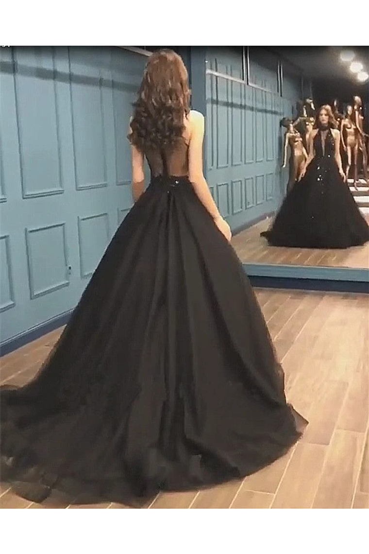 Sexy Ball Gown High Neck Black Tulle V Neck Sequins Party Dresses Prom STCPQC2HNL1