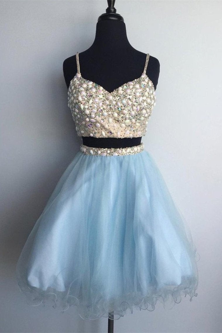 Two Piece A-Line Spaghetti Strap Mini Tulle Short Homecoming