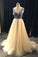 Champagne And Blue Long V-Neck Beading Backless Prom
