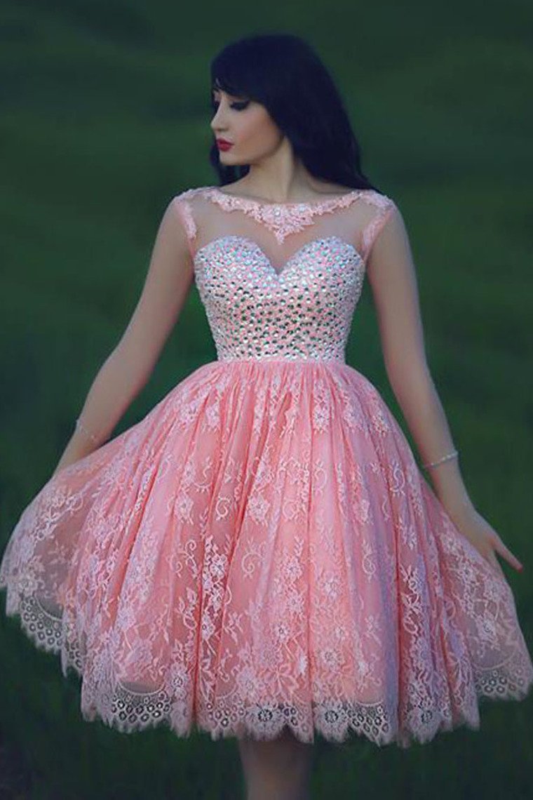 A Line Scoop Lace With Beading Homecoming Dresses 3/4 Length