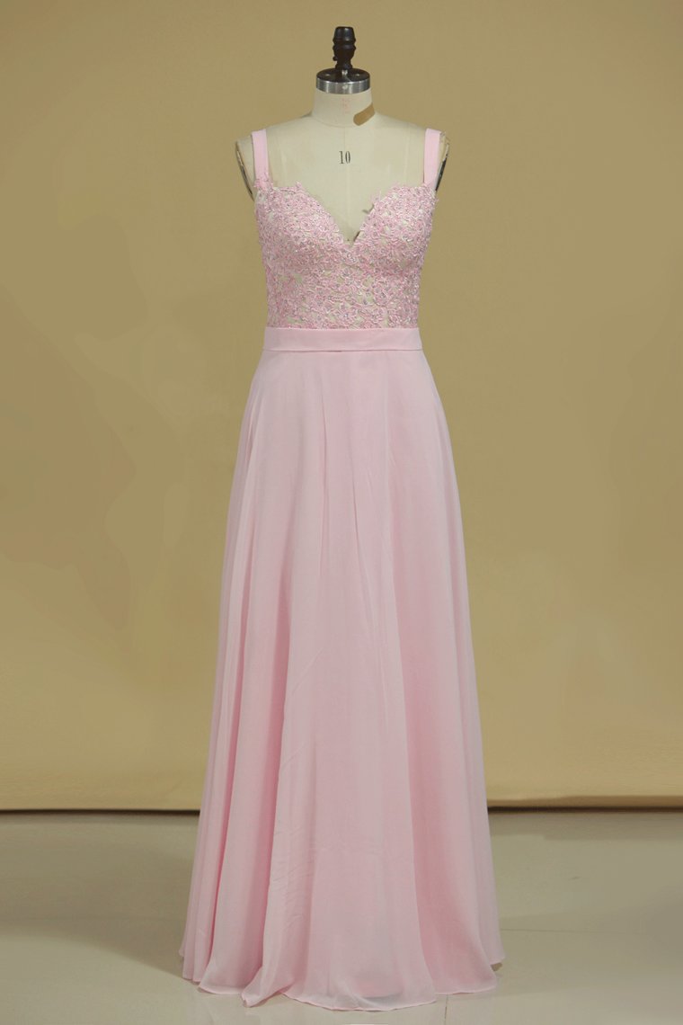 Straps Chiffon With Applique A Line Prom Dresses Sweep