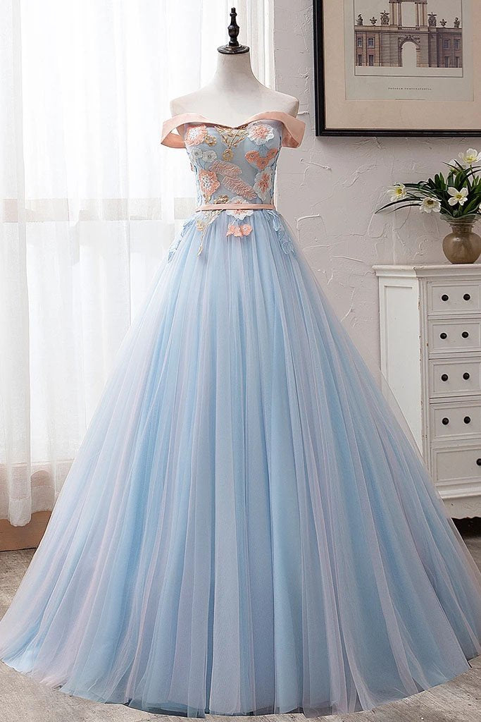 Ball Gown Off the Shoulder Tulle Sweetheart Appliques Prom Dresses, Quinceanera Dresses STC15063