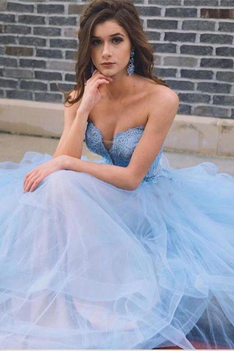 Light Blue Sweetheart Lace Tulle Open Back Flowy Prom