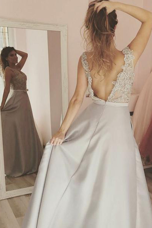 Elegant Sleeveless V Back Lace Appliques Floor Length Long Prom Dresses