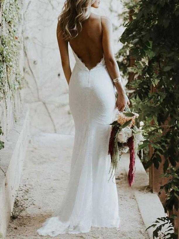 Backless Mermaid Spaghetti Straps Lace Backless Wedding Dresses Beach Bridal Dresses STC15056
