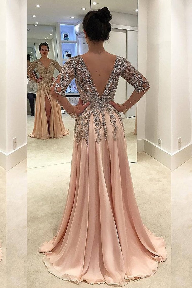 2024 V Neck Long Sleeves Prom Dresses A Line Chiffon With Beads And