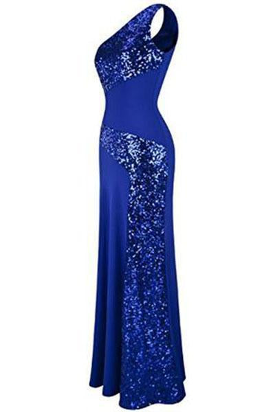 One Shoulder Sleeveless Sequin Maxi Prom Dresses