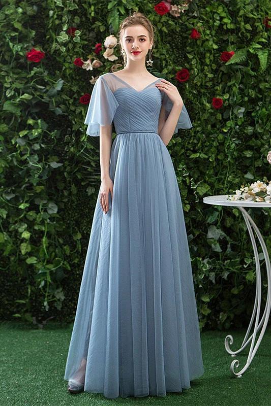 A Line V Neck Tulle Blue Cheap Prom Dress, Long Floor Length Bridesmaid Dresses STC15044