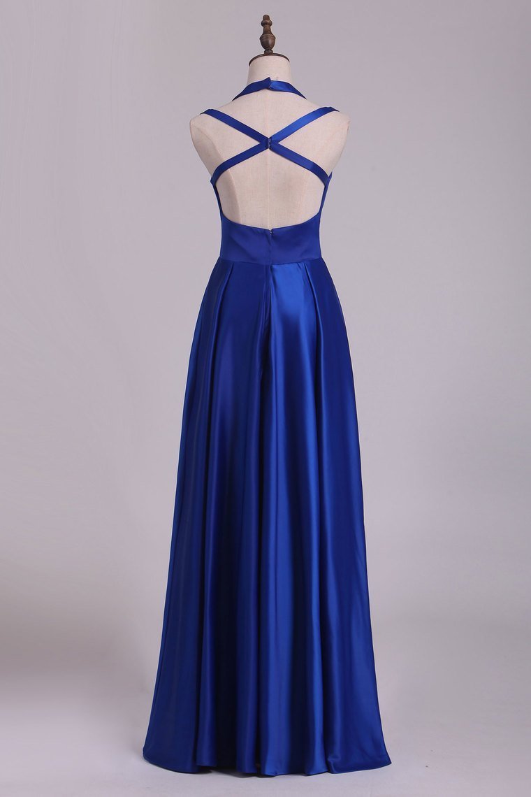 Scoop Prom Dresses A Line Open Back Stretch Satin With Slit Floor