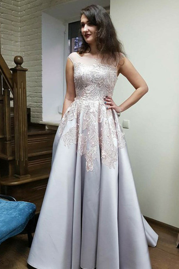 Round Neck Cap Sleeves Satin A Line Prom Dresses With Appliques