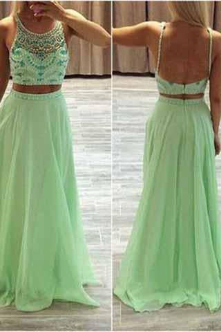Two Pieces Green Chiffon Rhinestone Backless Scoop A-Line Beads Prom Dresses