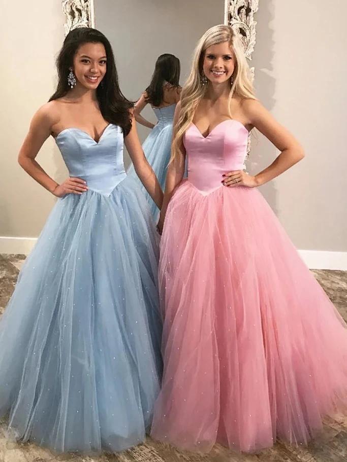 Unique Ball Gown Sweetheart Strapless Tulle Prom Dresses, Cheap Formal STC20474