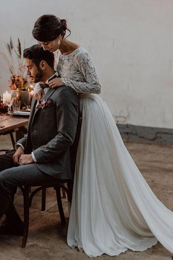 Elegant Long Sleeves Two Pieces Chiffon Wedding Dresses with Lace, Backless Bridal Dresses STC15514
