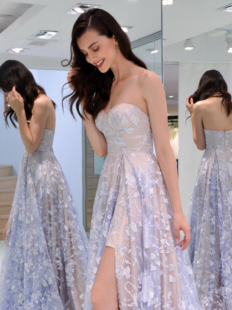 Charming Sweetheart Strapless Lace Appliques Lilac Prom Dresses with STC15632
