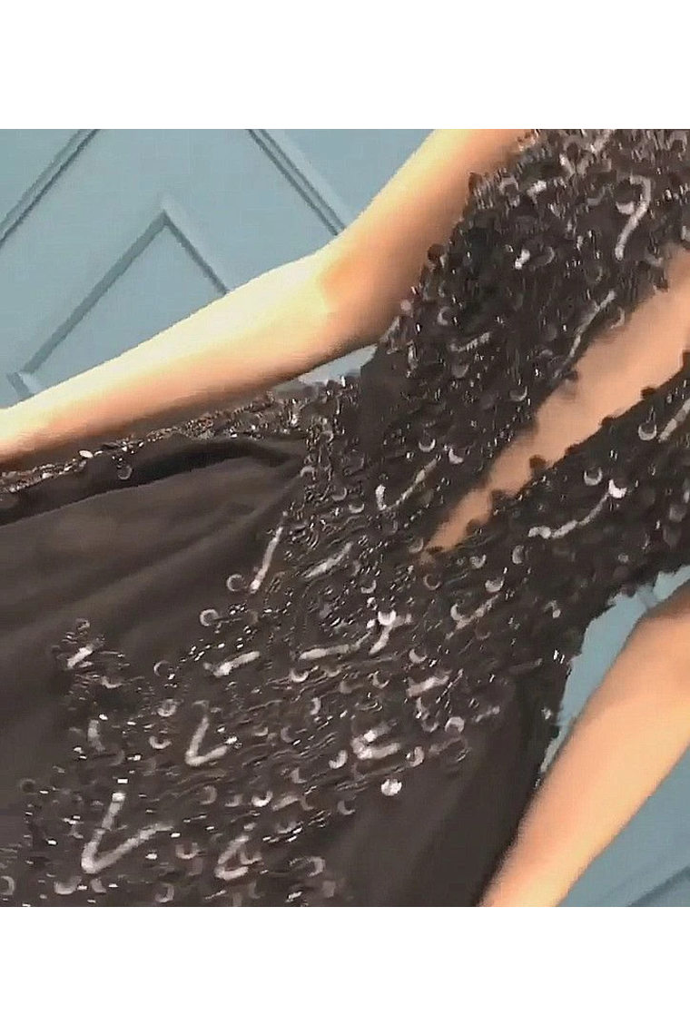 Sexy Ball Gown High Neck Black Tulle V Neck Sequins Party Dresses Prom STCPQC2HNL1