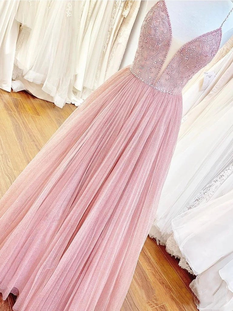A Line Spaghetti Straps V Neck Rose Pink Tulle Prom Dresses Beaded Bodice Formal Dress STC15033