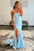 Light Blue Strapless Sequins Mermaid Evening Gown With Split Long Prom Dresses