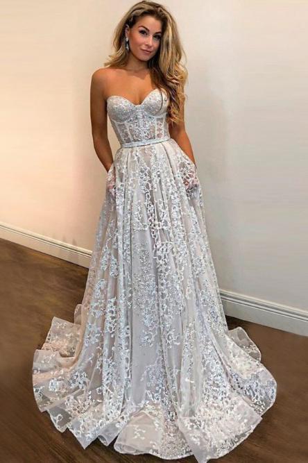 A Line Sweetheart Strapless Sweep Train Lace Pockets Wedding Dress with Sequins STC15036
