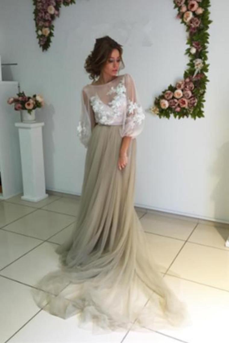 Long Puff Sleeves Prom Dresses Appliques See Through Evening Prom STCP2HJK88Z
